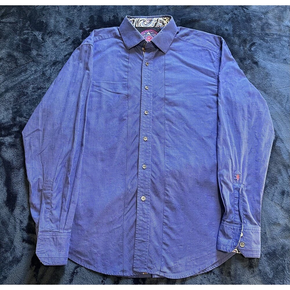 Robert Graham Purple Blue Check Cotton Button-Up Shirt Long Sleeve Men's L